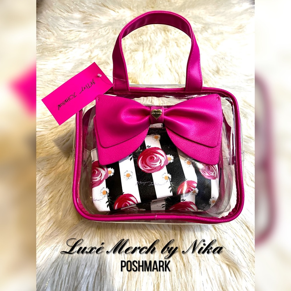 Betsey Johnson 3PC Cosmetic Set Pink Bow stripe clear bag 🎀 NEW